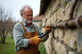 Jardinier taillant un pêcher en espalier contre un mur en pierre, illustrant une erreur de coupe avec un chicot visible sur la branche