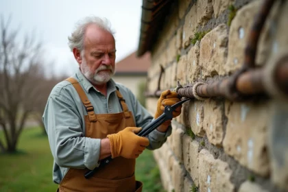 Jardinier taillant un pêcher en espalier contre un mur en pierre, illustrant une erreur de coupe avec un chicot visible sur la branche