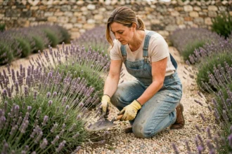 Jardiniète en salopette en train de séparer des plants de lavande trop serrés dans un jardin provençal avec une truelle