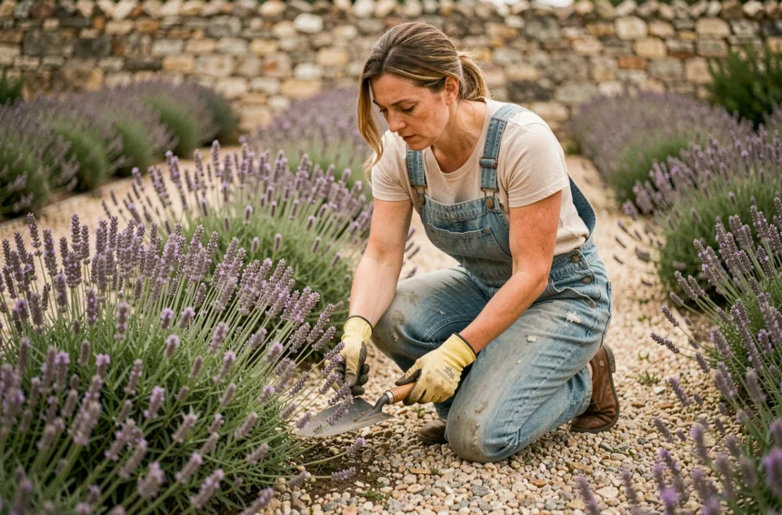 Jardiniète en salopette en train de séparer des plants de lavande trop serrés dans un jardin provençal avec une truelle