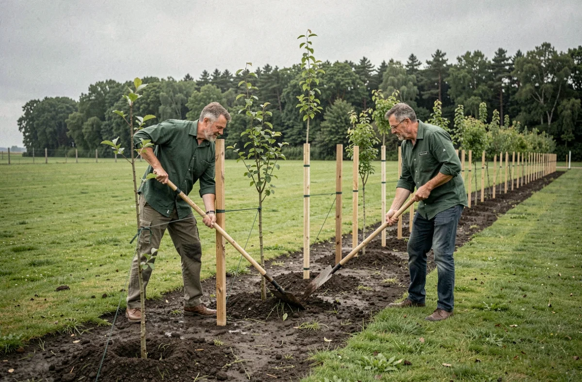Les frères Gautier d'Espaces Verts Gautier Frères SARL plantant des arbres dans un espace public des Côtes-d'Armor