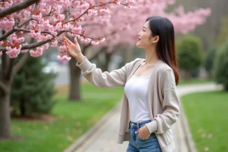 Femme souriante touchant un cerisier en fleurs au printemps