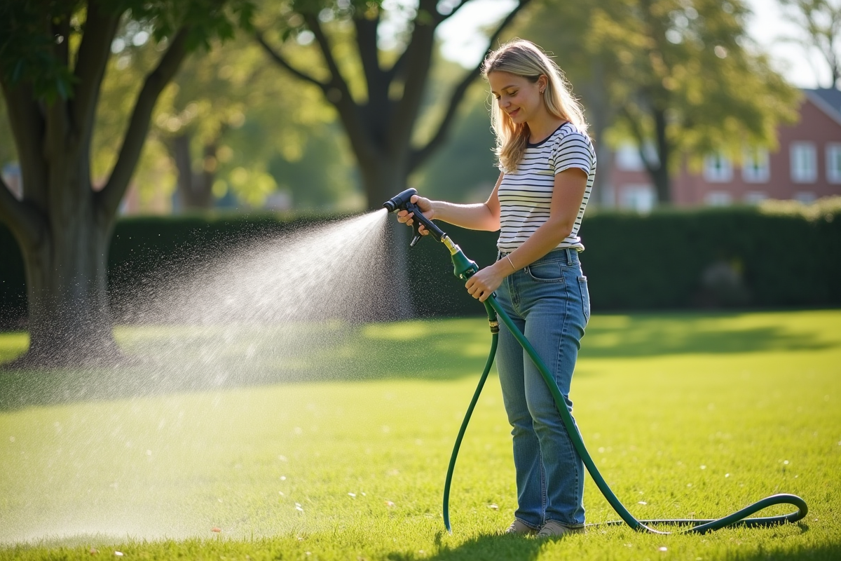 Jeune femme arrosant un gazon dans un parc résidentiel