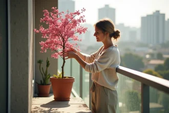 Femme d'âge moyen soignant un arbre rose sur son balcon