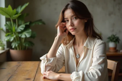 Femme portant un collier lotus en argent dans un intérieur lumineux