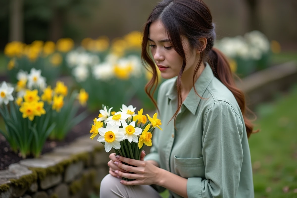 Femme tenant un bouquet mêlant narcisses blancs et jonquilles jaunes dans un jardin printanier, symbolisme floral