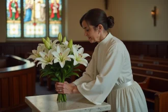Femme en tenue modeste déposant des lys blancs dans une chapelle