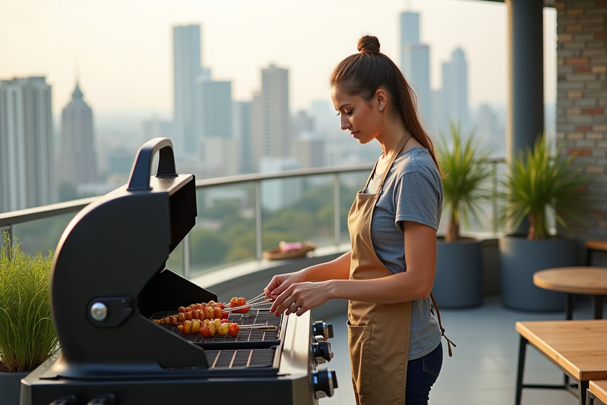 Jeune femme préparant des brochettes sur un grill urbain