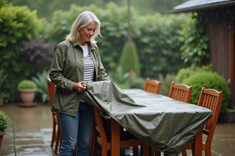 Femme en extérieur posant une housse imperméable sur mobilier de jardin