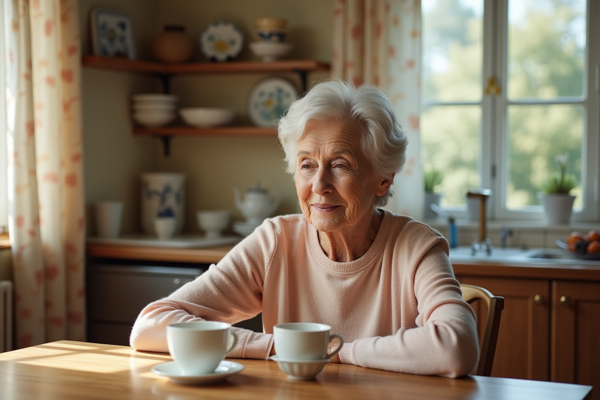 Femme âgée sirotant du thé dans sa cuisine chaleureuse