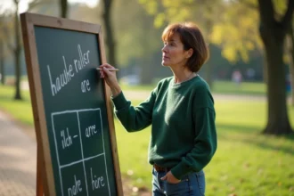 Femme en extérieur dessinant un hectare sur un tableau