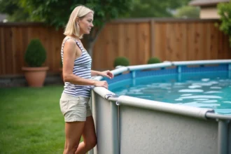 Femme examinant une piscine hors sol ronde dans un jardin suburban, critères de choix d'une piscine hors sol