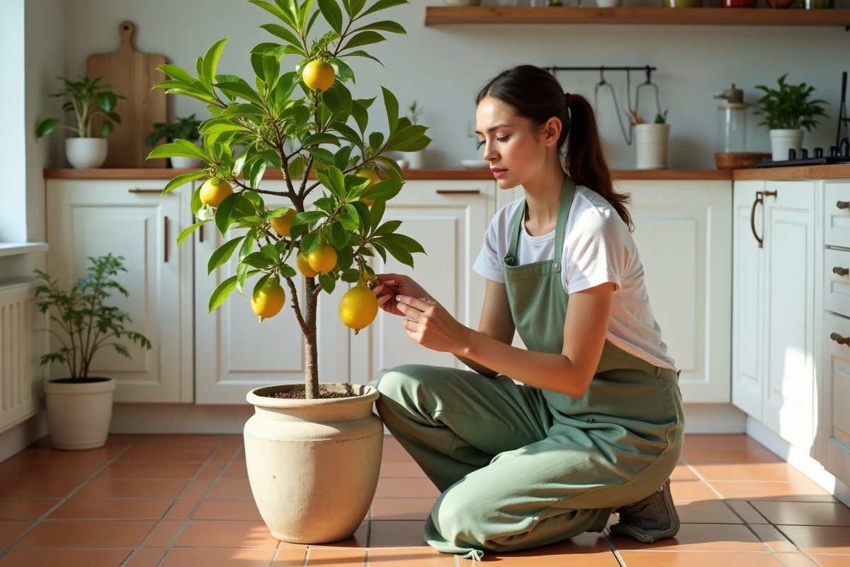 Jeune femme examinant les feuilles jaunes de son citronnier en pot à l'intérieur d'une cuisine méditerranéenne