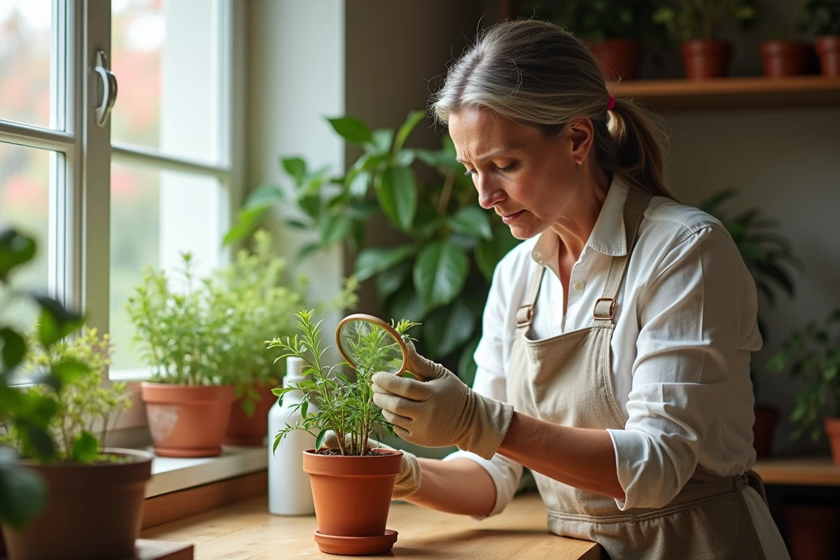 Femme inspectant une plante d'intérieur avec une loupe pour détecter la présence de petites bêtes rouges
