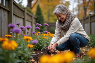 Femme souriante plantant des asters dans un jardin d'automne
