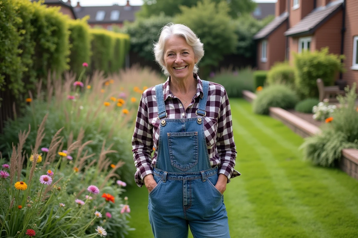 Femme souriante dans son jardin avec fleurs sauvages