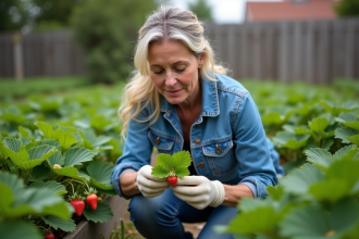 Femme en veste en denim inspectant une feuille de fraise