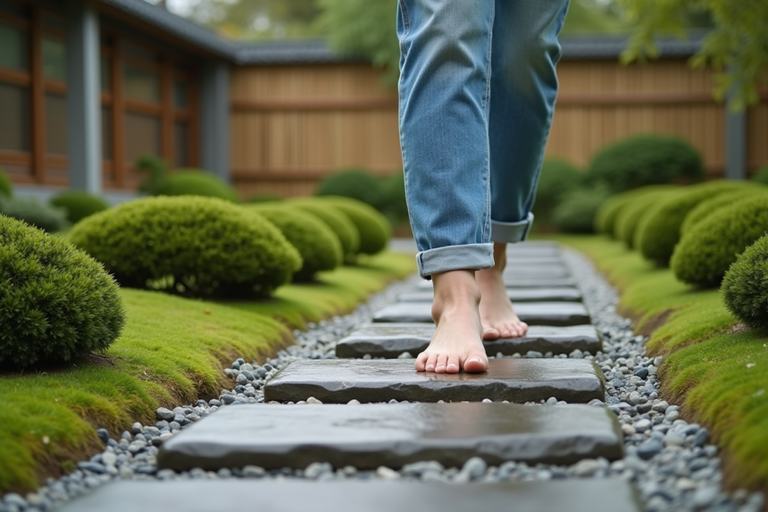 Femme marchant sur des pavés dans un jardin japonais