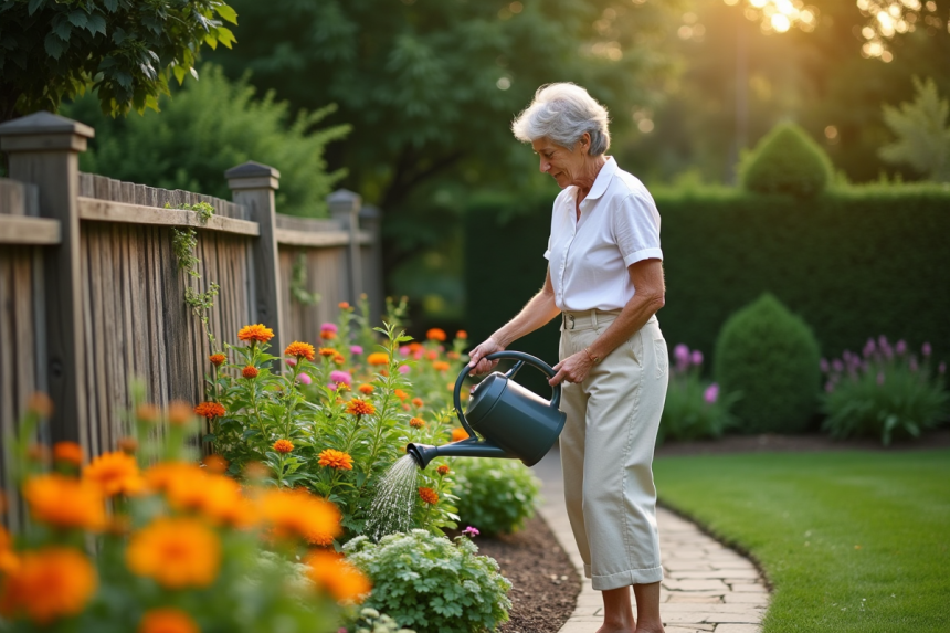 Femme arrosant un jardin fleuri au petit matin