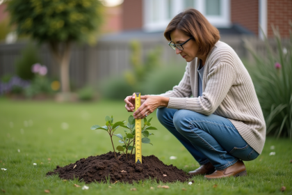 Femme mesurant un petit jardin avec un ruban à mesurer