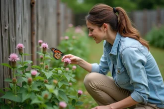 Femme dans le jardin pointant un monarque sur des fleurs roses