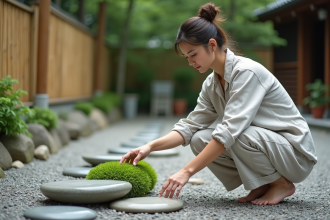 Femme méditative dans un jardin zen japonais