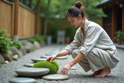 Femme méditative dans un jardin zen japonais