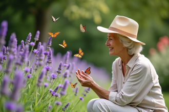 Femme âgée dans un jardin avec papillons sur lavande