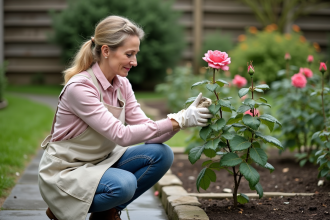 Femme en jardin soutenant un rosier en pleine floraison