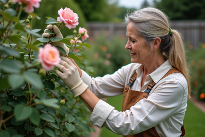 Femme inspectant un rosier dans un jardin paisible