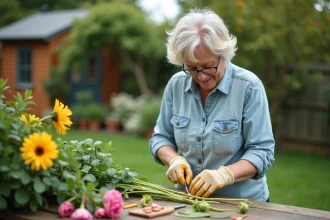 Femme en chemise en denim et gants de jardinage préparant des Chamelaucium Geraldton Wax