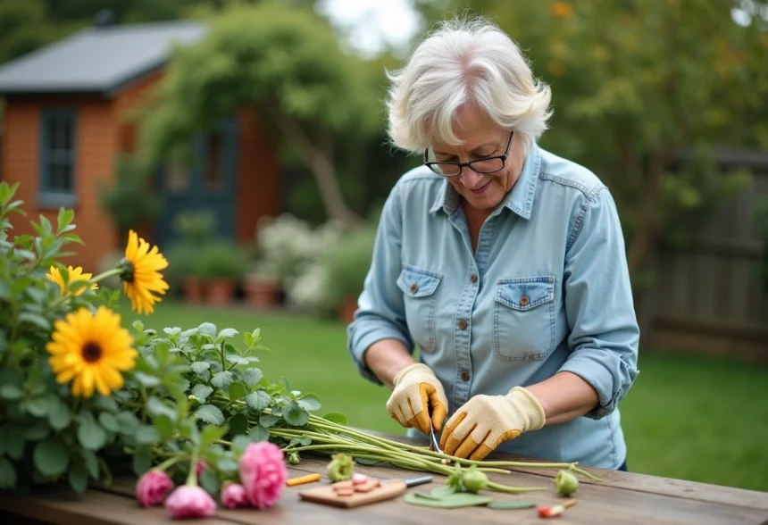 Femme en chemise en denim et gants de jardinage préparant des Chamelaucium Geraldton Wax