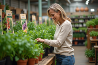 Femme inspectant des herbes en intérieur dans un centre de jardinage