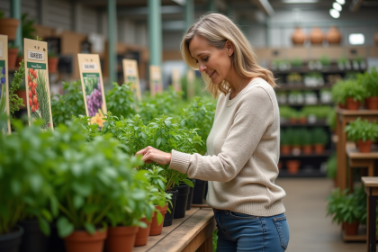 Femme inspectant des herbes en intérieur dans un centre de jardinage