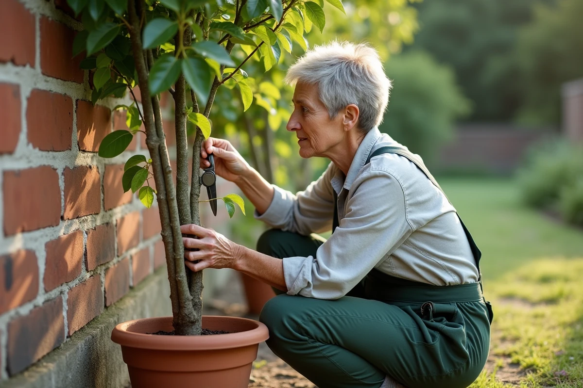 Femme jardinière inspectant les erreurs de taille d'un pêcher en espalier sur un mur en brique, branches trop denses et mal éclaircies