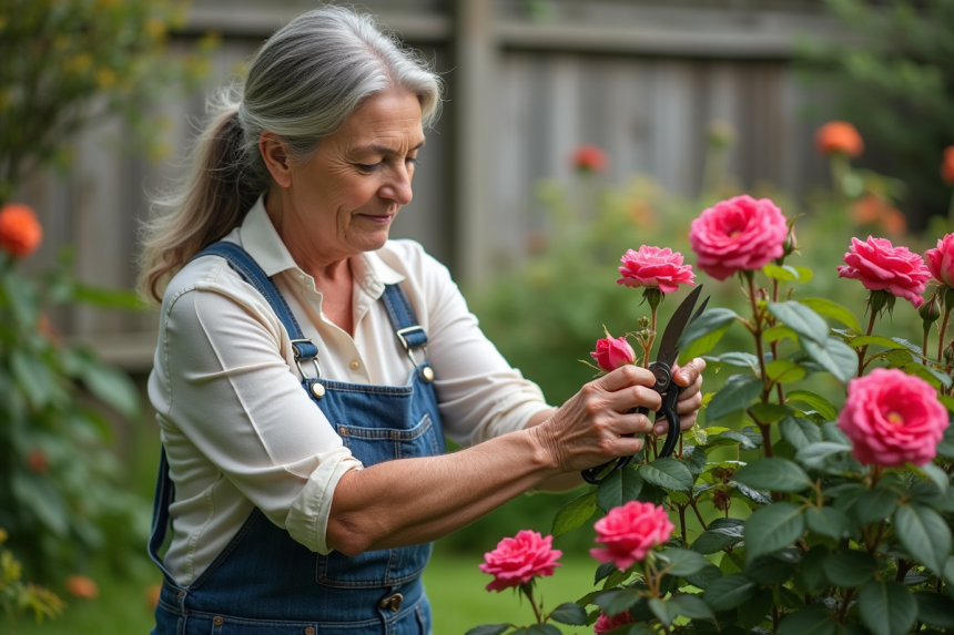 Femme en jardinage prune un rosier avec des ciseaux
