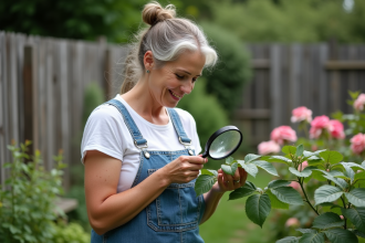 Femme inspectant des feuilles de rosier dans un jardin