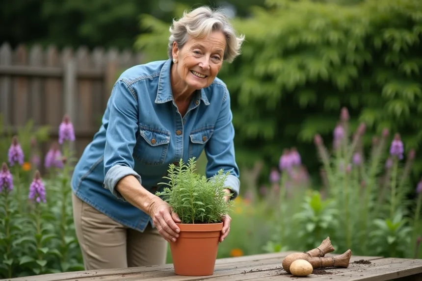 Femme plantant de la sauge dans un pot en terre cuite