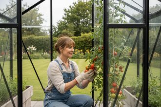Femme jardinant dans une serre moderne avec des tomates mûres
