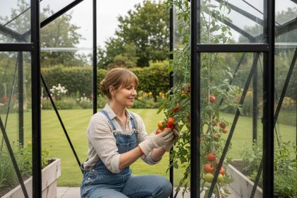 Femme jardinant dans une serre moderne avec des tomates mûres