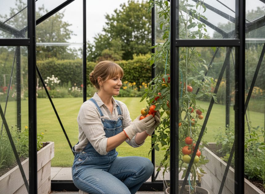 Femme jardinant dans une serre moderne avec des tomates mûres