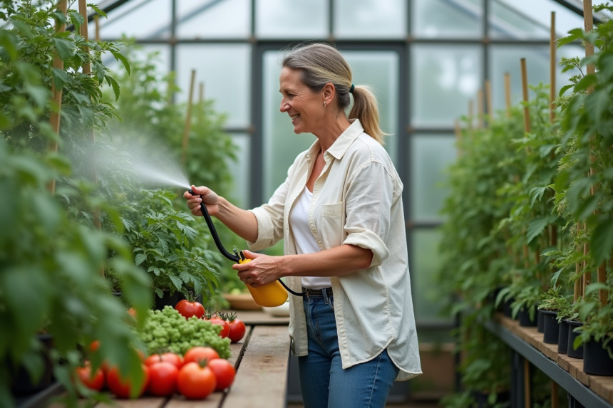 Femme en chemise en lin arrosant des plants de tomates dans une serre