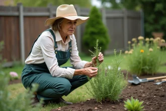 Femme en overalls de jardinage et chapeau plantant du thym