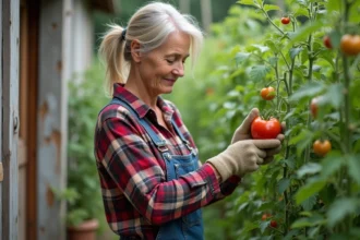 Femme en plaid cueillant une tomate dans son jardin