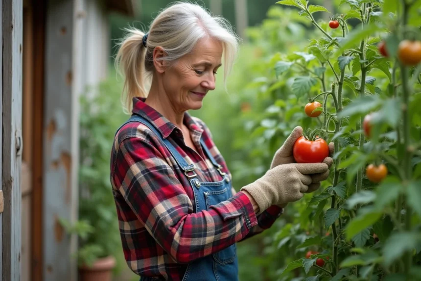 Femme en plaid cueillant une tomate dans son jardin