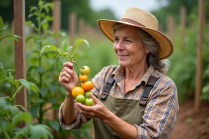 Femme jardinant examinant une feuille de tomate jaune