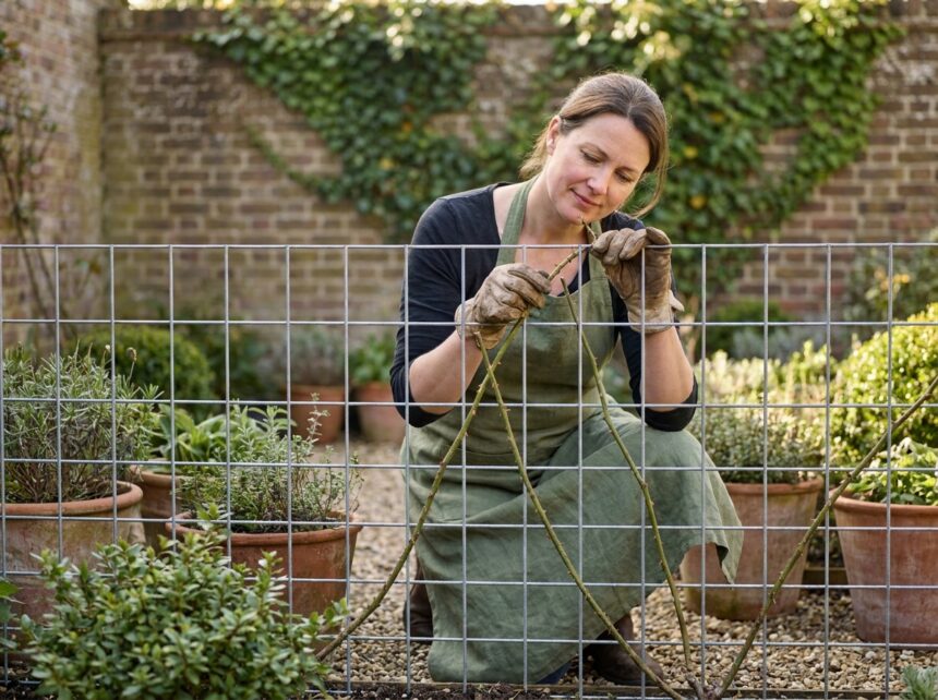 Femme jardinière installant un grillage en métal galvanisé dans un petit jardin urbain avec des rosiers grimpants