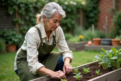 Femme jardinière en tablier examinant des plants dans un potager surélevé en bois dans un jardin urbain