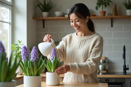 Femme en pull arrosant des hyacinths dans la cuisine lumineuse