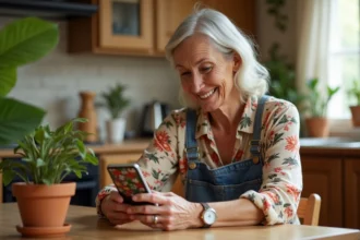 Femme jouant à un jeu de nain de jardin sur smartphone dans sa cuisine